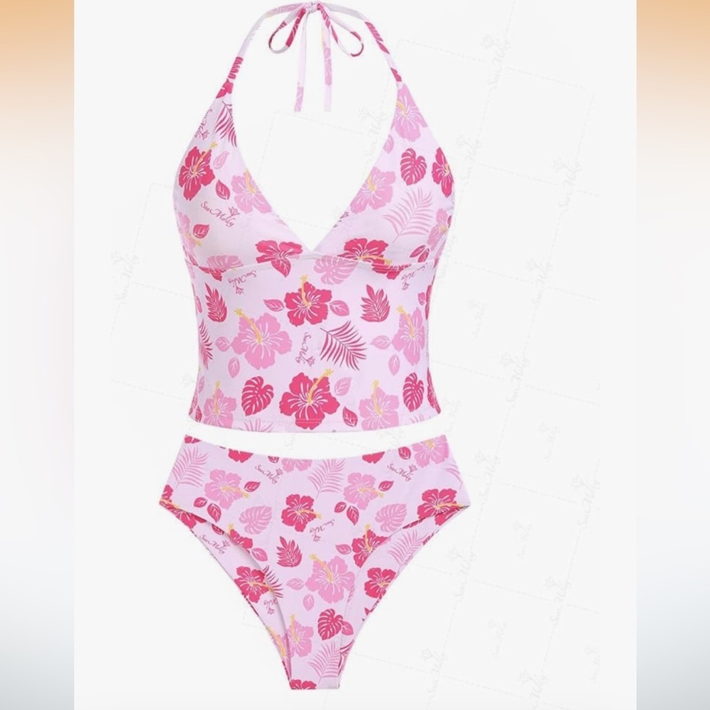 seamoly Floral Tankini Set, Halter Neck Two-Piece with Tie Detail S 818-12